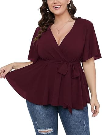 Burgundy wrap-ruffle peplum blouse — plus sizes XL–4X Plus
