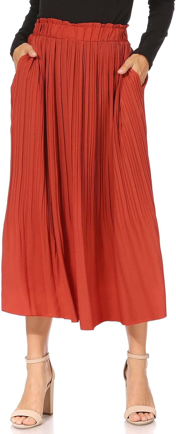 Rust pleated plus-size midi skirt — up to 3X (satin alternative)