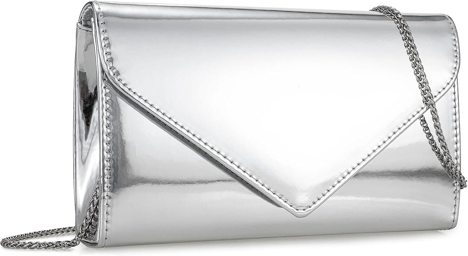 Silver mirrored metallic envelope clutch with chain
