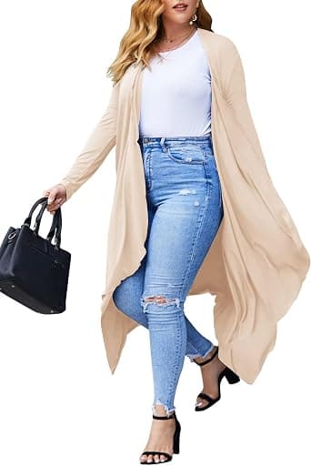 Camel long open-front duster cardigan — plus sizes 1X–5X