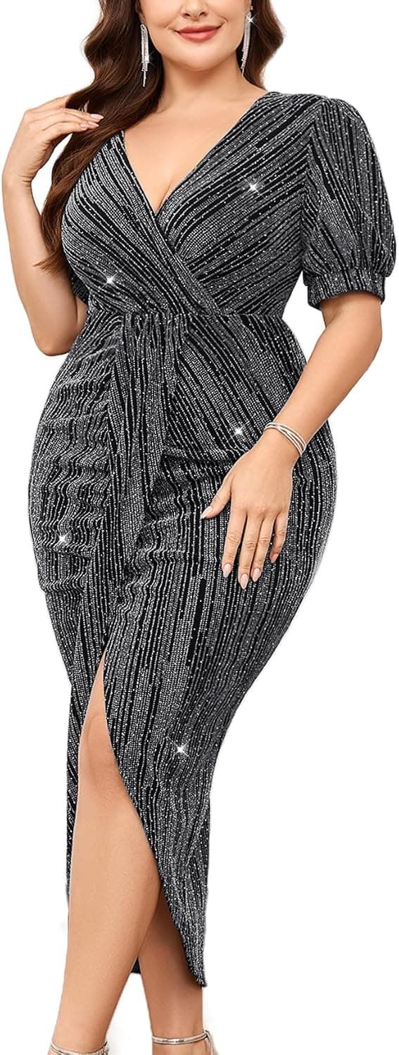 Silver sequin bodycon midi β closest gunmetal match with 1Xβ4X Plus options; not the exact striped sleeveless cut