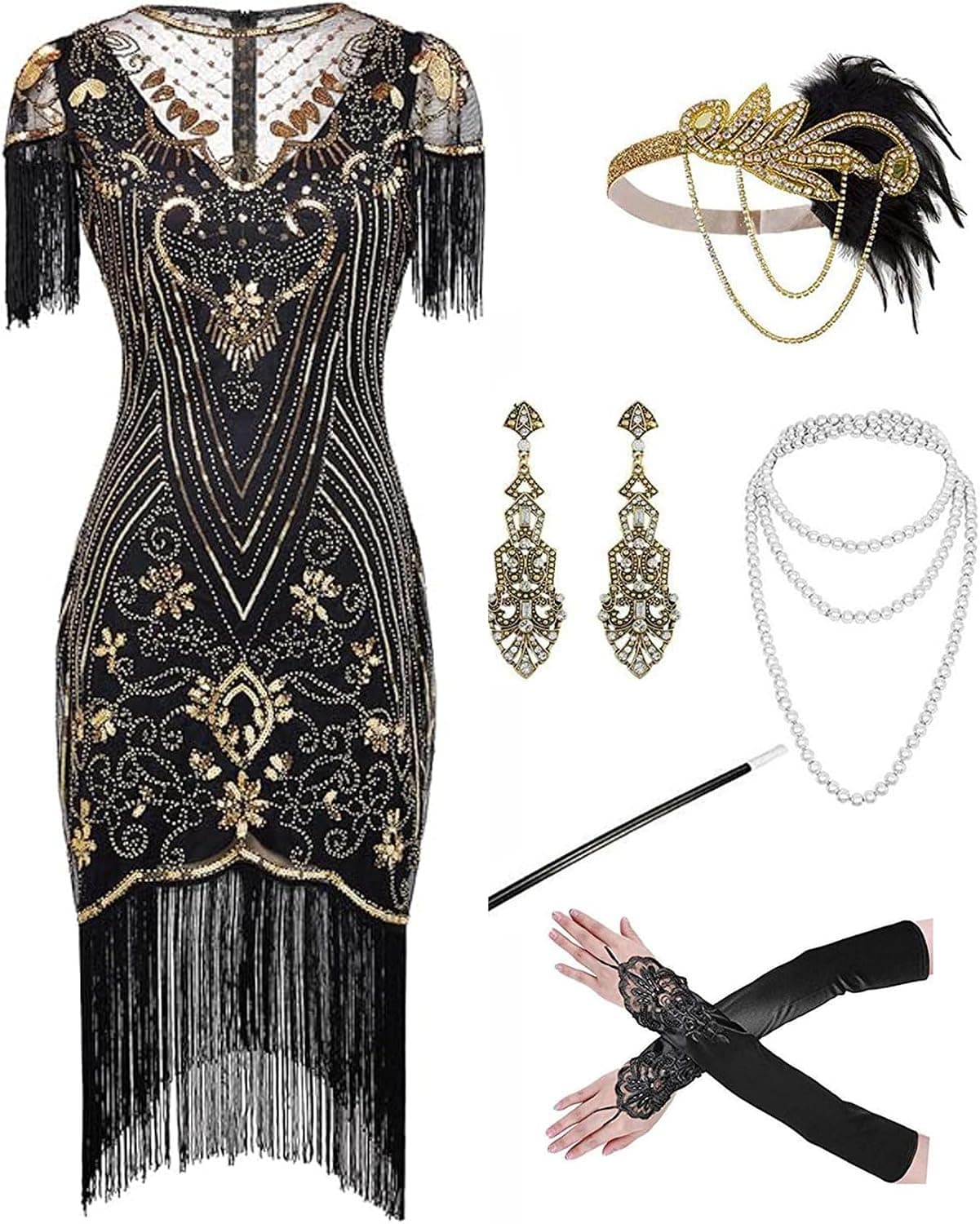 Black-gold plus-size beaded fringe flapper dress — up to 5X