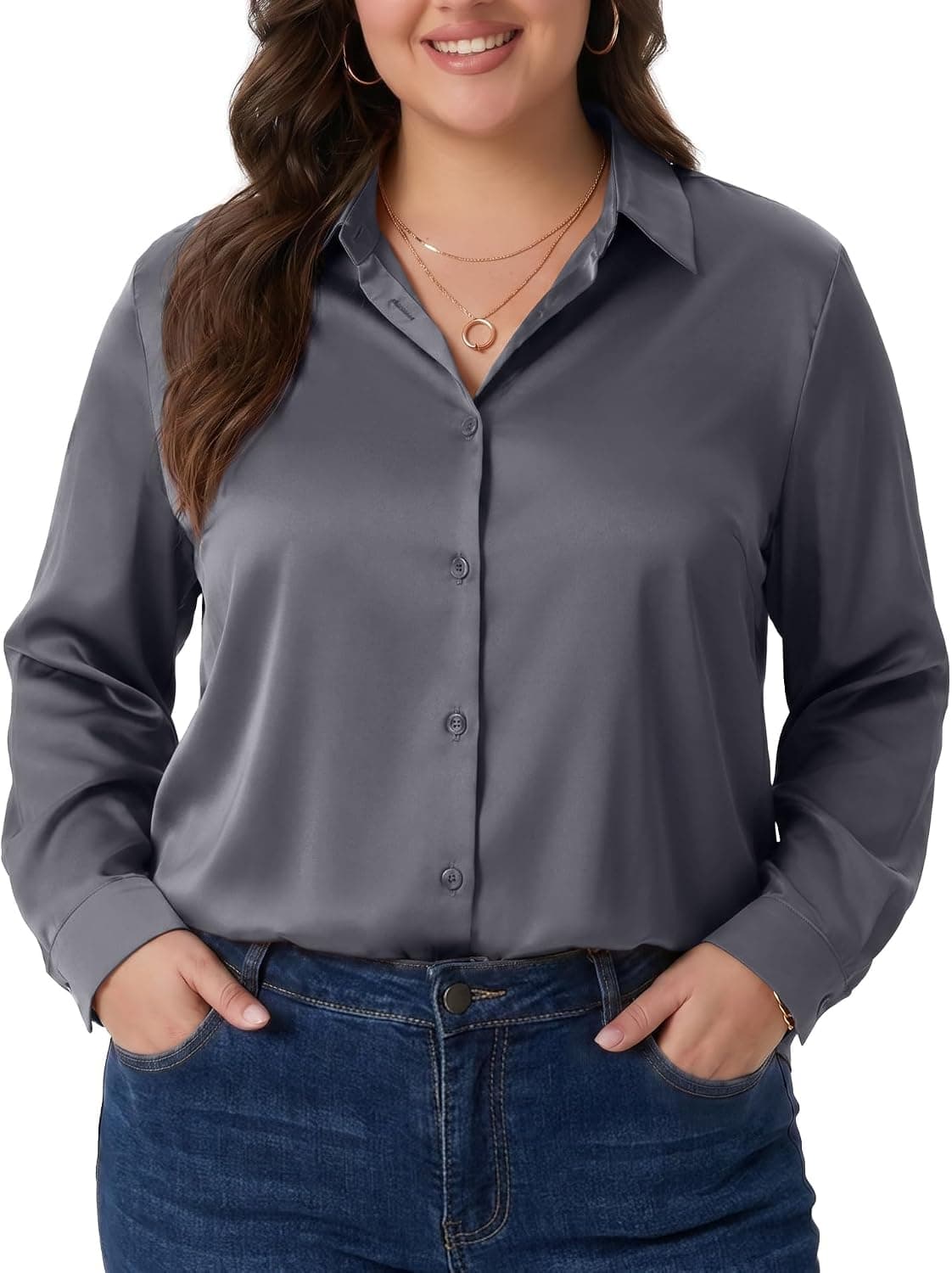 Gray plus-size satin button-down shirt β sizes 1Xβ5X