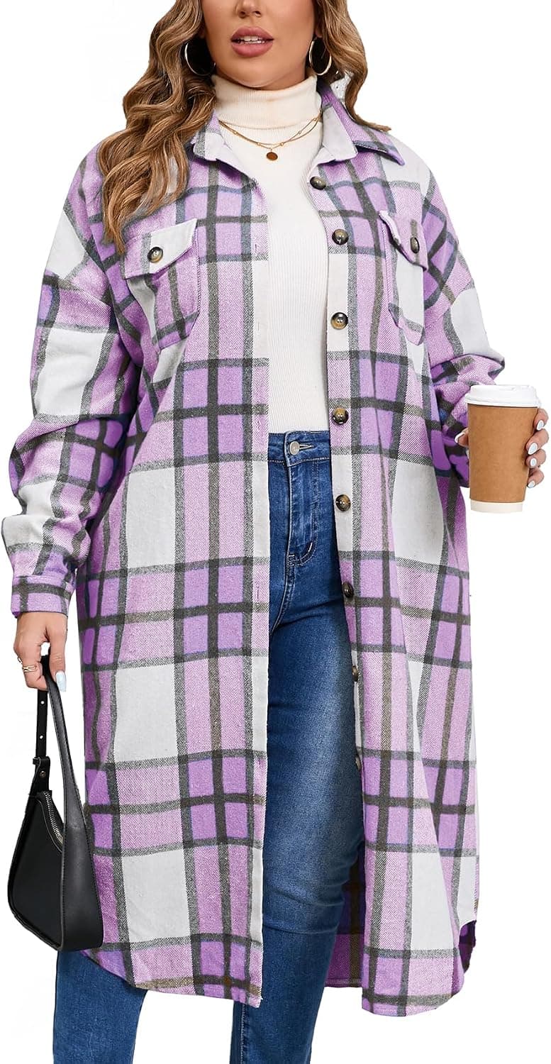 Purple plus-size long plaid coat/shacket β sizes XL Plusβ5XL Plus; closest lavender plaid layer