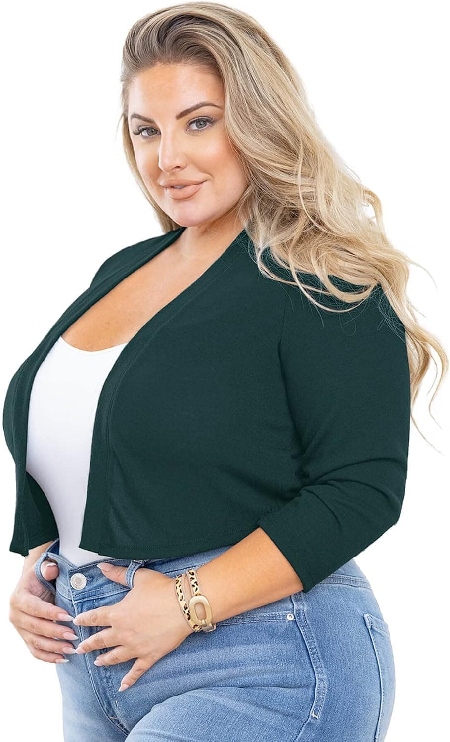 Deep-forest plus-size cropped bolero — closest teal jacket match, 1X–5X