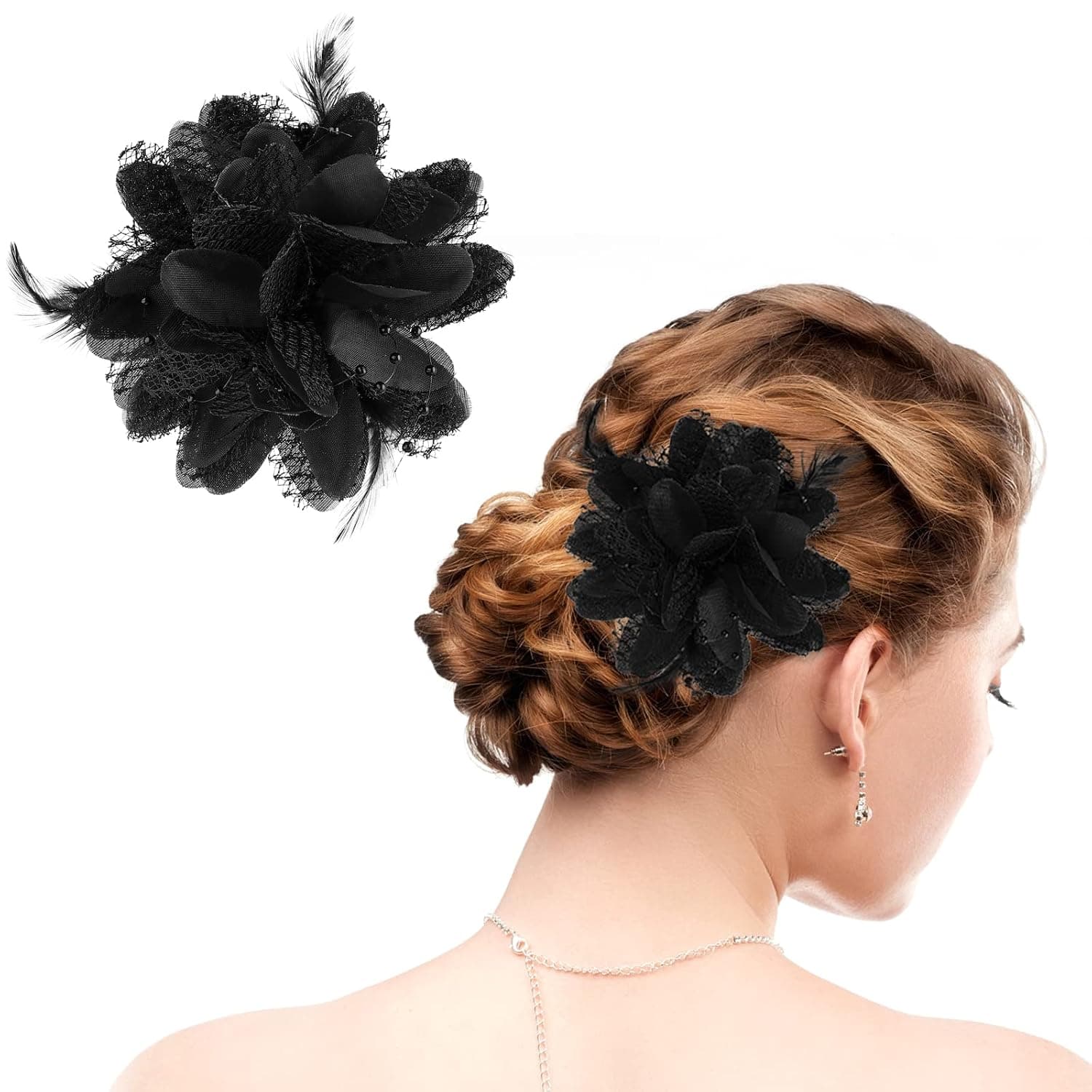 Black feather flower hair clip