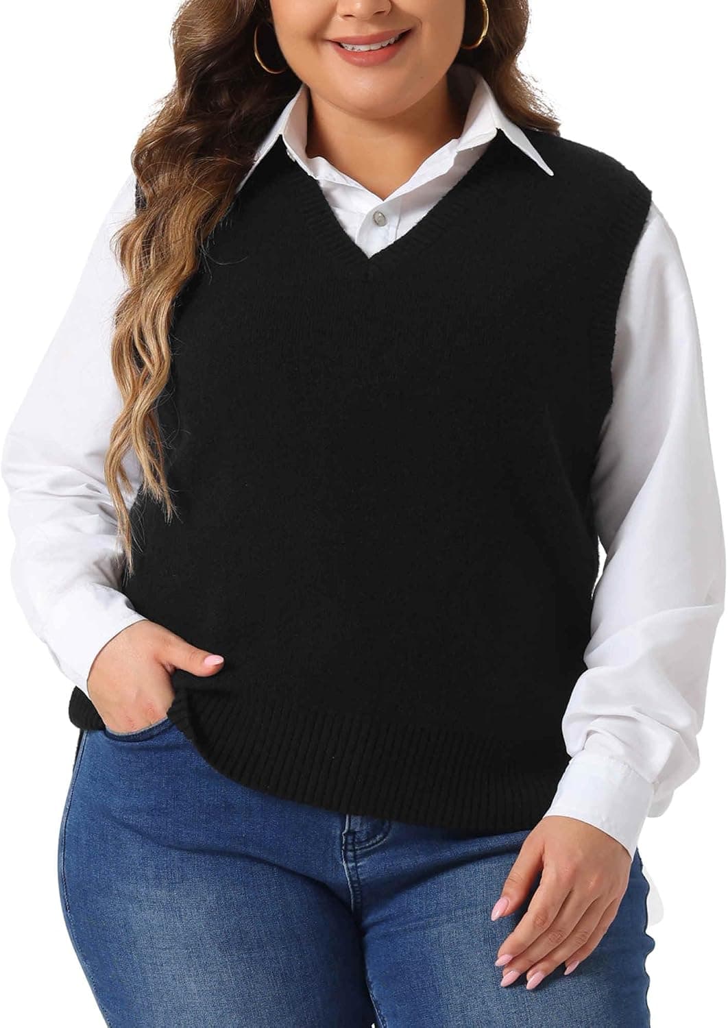 Black plus-size sweater vest — up to 5X