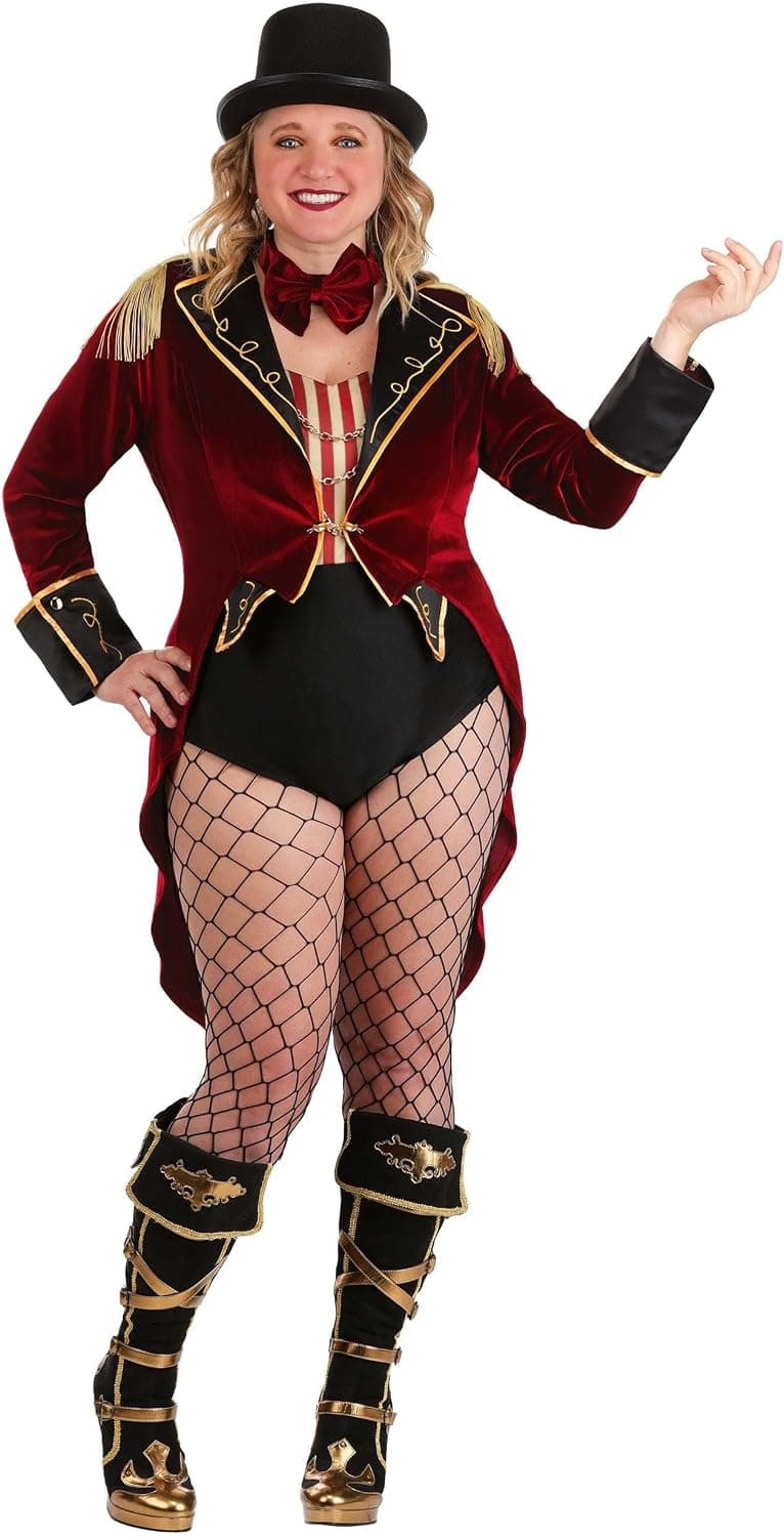 Plus-size dark ringmaster jacket, hat and bow-tie set — closest burgundy match, 1X–3X
