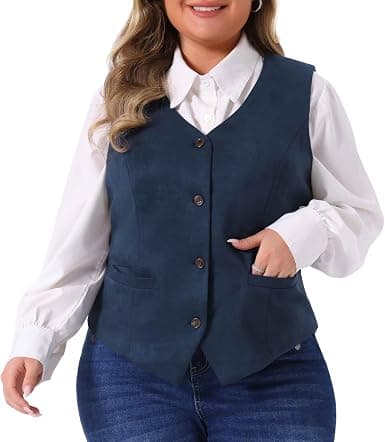 Navy V-neck button vest — plus sizes 1X–4X (closest tweed match)