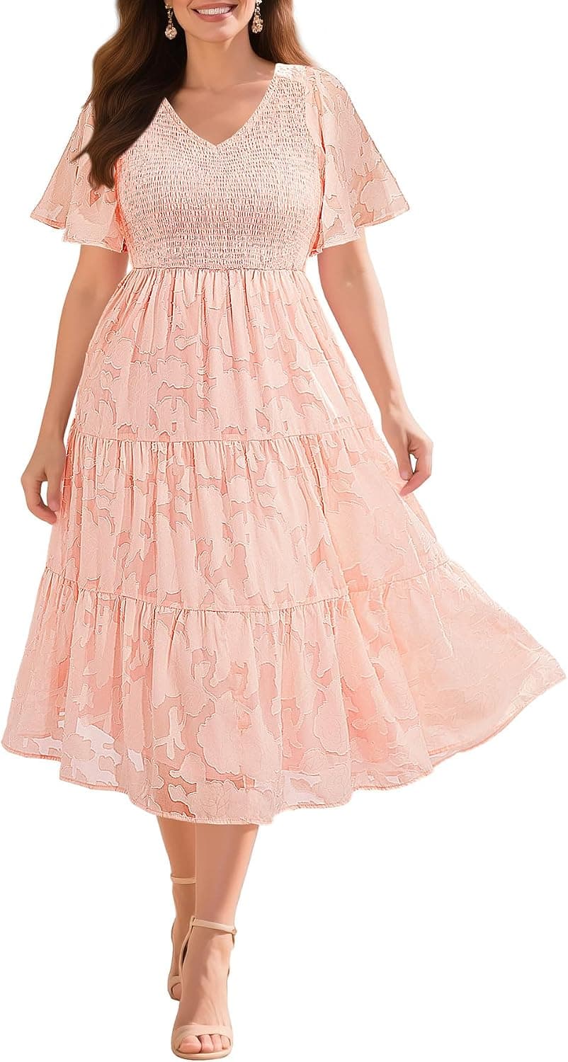 Blush-pink plus-size tiered midi dress — up to 26 Plus
