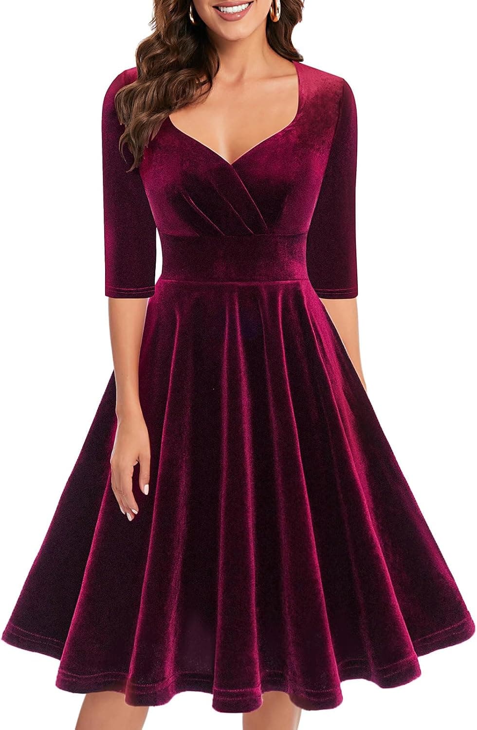 Burgundy velvet plus-size midi dress — up to 3X