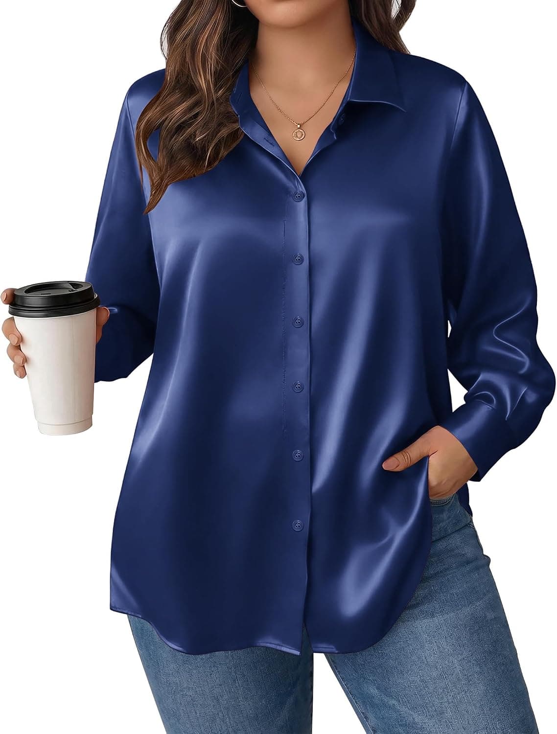 Navy satin plus-size blouse — up to 5X