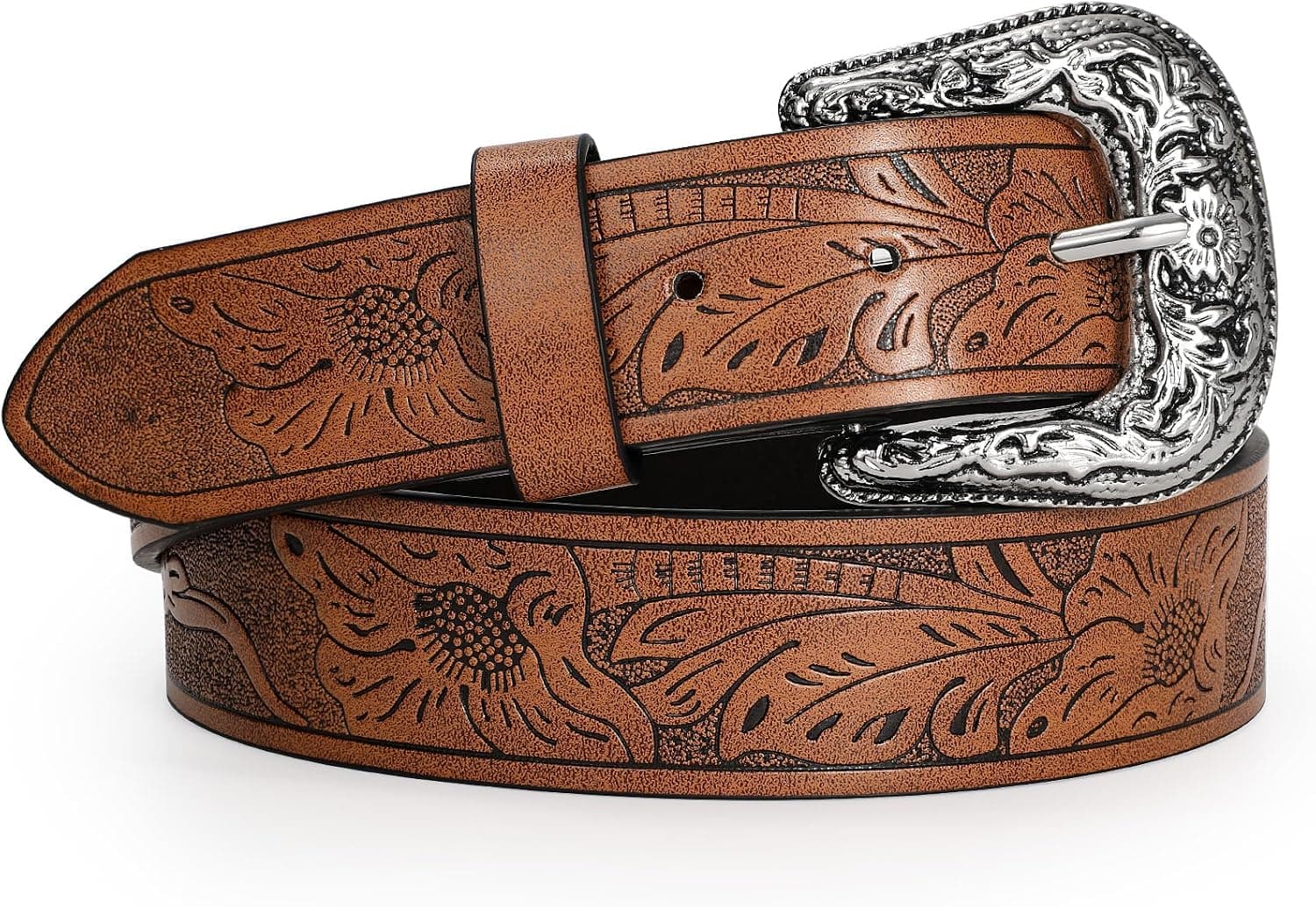 Brown engraved western belt — fits waists 28–49 in