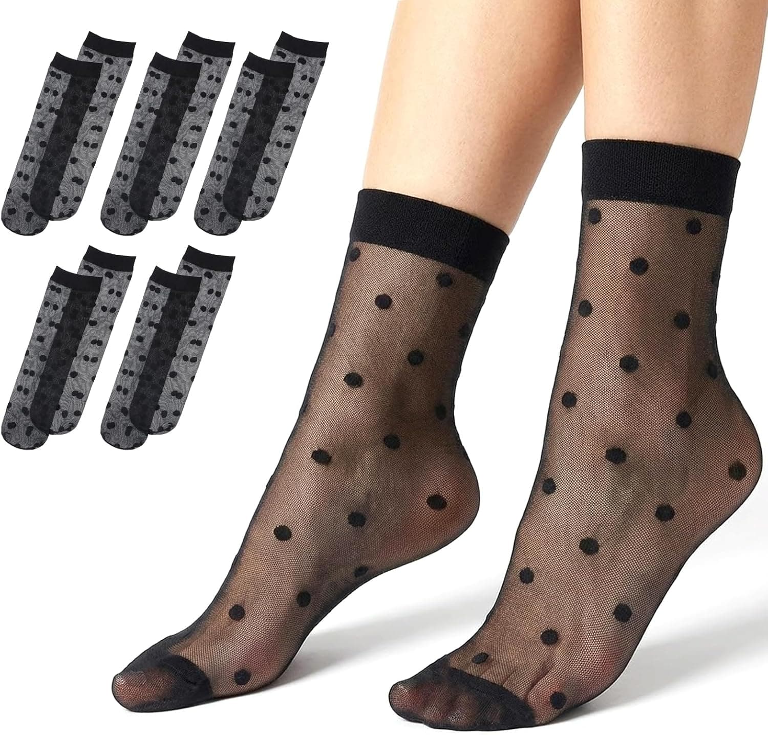 Black sheer polka-dot ankle socks β 5-pair set