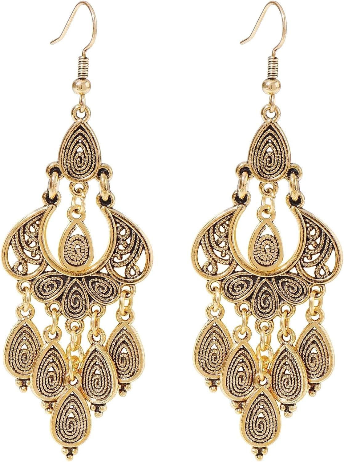 Vintage-gold bronze filigree statement teardrop earrings
