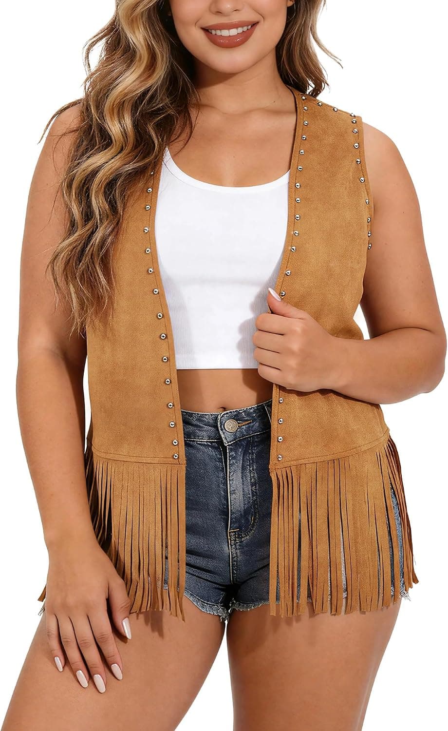 Camel-brown faux-suede plus-size vest — up to 4X