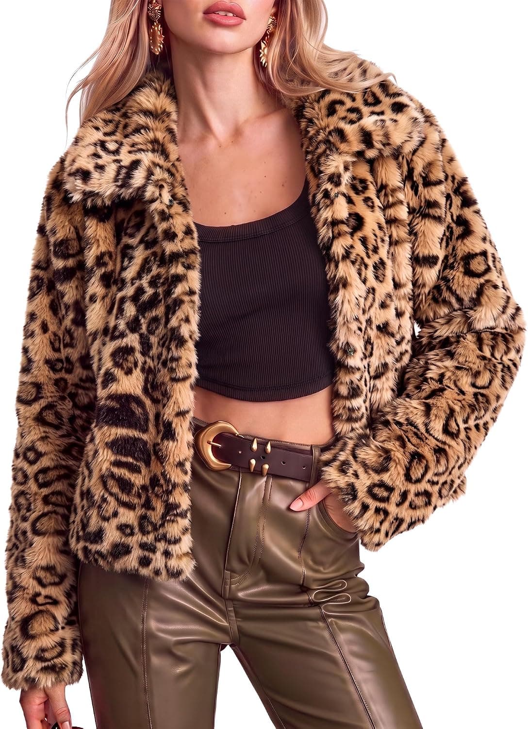 Light-brown leopard faux-fur jacket β closest size-inclusive printed layer, sizes SβXXL and longer than the source bolero