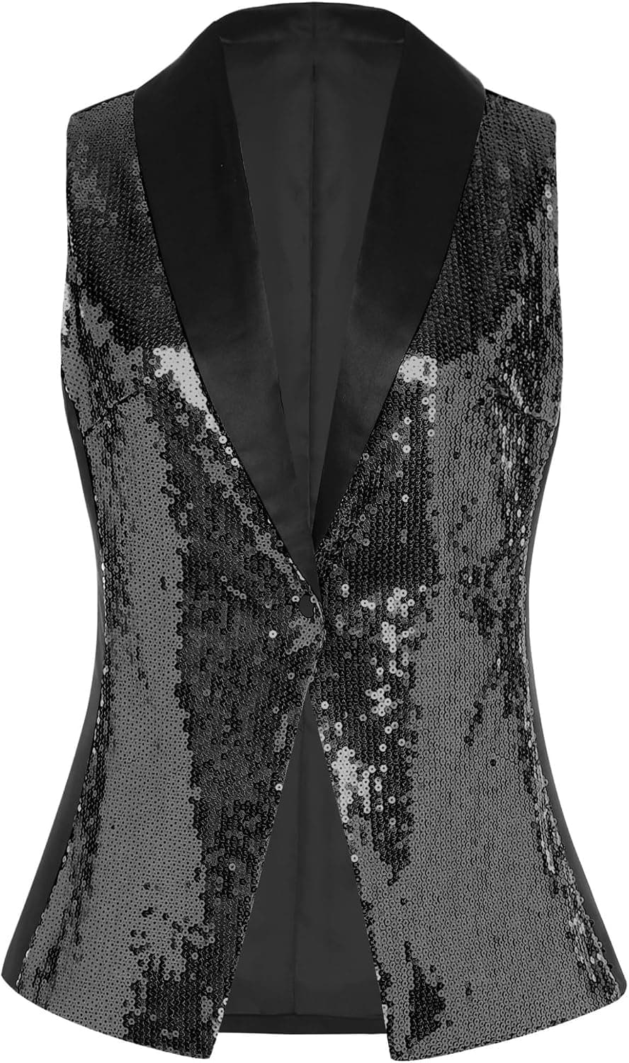 Black sequin waistcoat — through XXL, closest sparkle layer