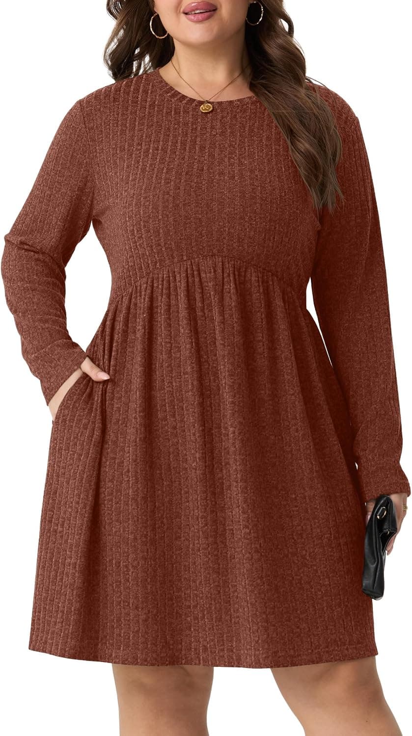 Caramel-brown plus-size ribbed sweater dress — 1X–5X