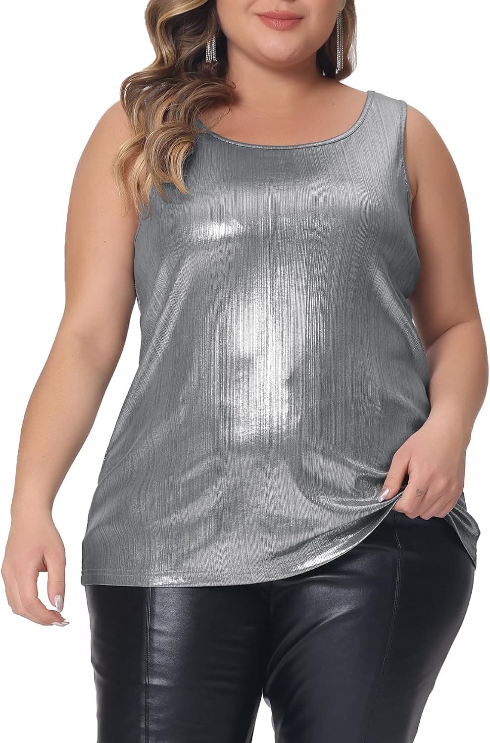 Silver metallic plus-size tank top — 1X–5X