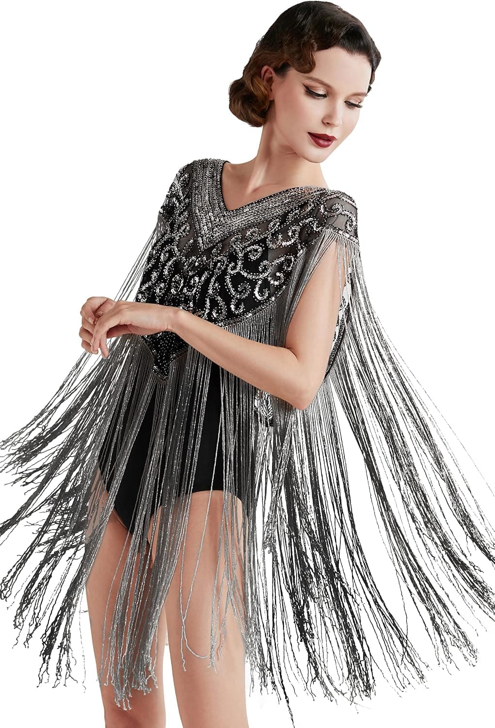 Black-silver beaded fringe shoulder cape