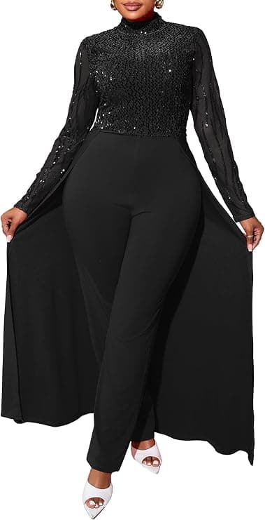 Black plus-size sequin-panel jumpsuit — up to 4X (silver-panel alternative)