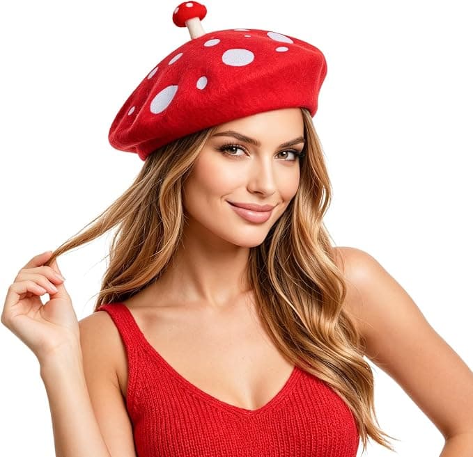Red-and-white spotted mushroom beret